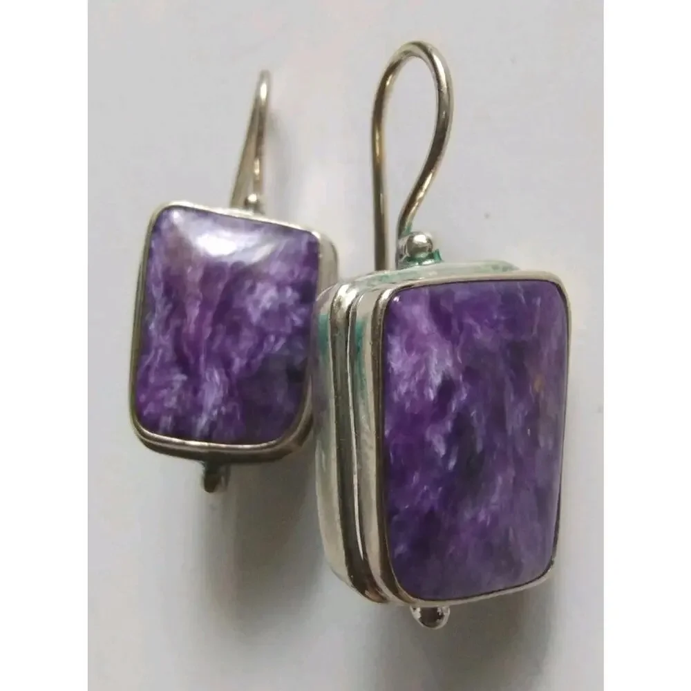 Siberian Natural Charoite Mineral & 925 Sterling Silver Artisan Signed Earrings